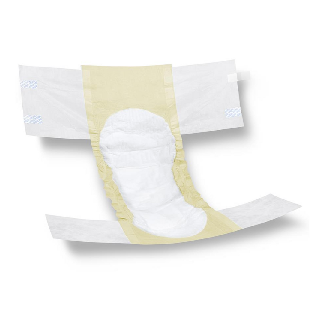 The FitRight Unisex Essential Incontinence Briefs, with moderate absorbency, are open adult diapers featuring a yellow outer layer and a white padded interior. They provide incontinence care with side tabs for fastening, elasticized edges for a secure fit, and effective odor control for comfort and confidence.